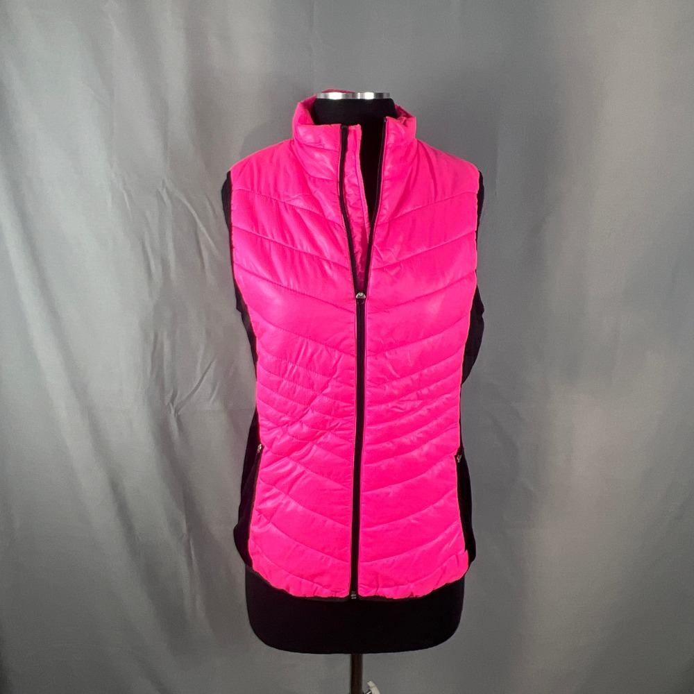 Xersion Quilted Puffer Vest Womens Medium Pink Black Full Zip Thermal Insulated